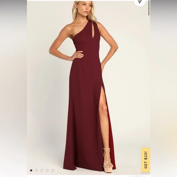knee length dresses for ladies Burgundy Shoulder Tie Ruched Neck Long Chiffon Slit Bridesmaid Dress main image 0